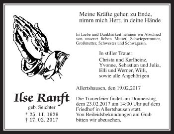 Traueranzeige von Ilse Ranft von Giessener Allgemeine, Alsfelder Allgemeine