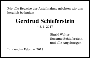 Traueranzeige von Gerdrud Schieferstein von Giessener Allgemeine, Alsfelder Allgemeine