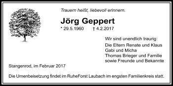Traueranzeige von Jörg Geppert von Licher Wochenblatt, Licher Wochenblatt, Licher Wochenblatt