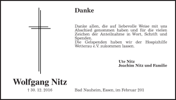 Traueranzeige von Wolfgang Nitz von Wetterauer Zeitung, Wetterauer Zeitung
