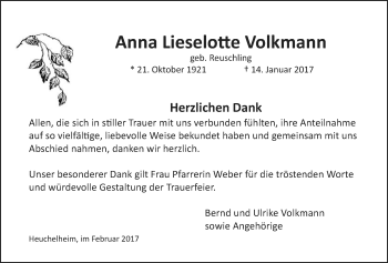 Traueranzeige von Anna Lieselotte Volkmann von Wetterauer Zeitung, Wetterauer Zeitung, Giessener Allgemeine, Alsfelder Allgemeine
