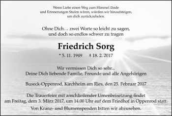 Traueranzeige von Friedrich Sorg von Giessener Allgemeine, Alsfelder Allgemeine, Wetterauer Zeitung, Wetterauer Zeitung