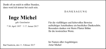 Traueranzeige von Inge Michel von Giessener Allgemeine, Alsfelder Allgemeine