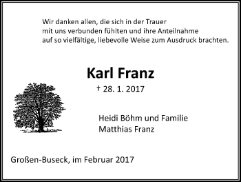 Traueranzeige von Karl Franz von Giessener Allgemeine, Alsfelder Allgemeine