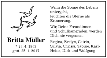 Traueranzeige von Britta Müller von Wetterauer Zeitung, Wetterauer Zeitung