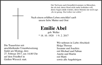 Traueranzeige von Emilie Abel von Giessener Allgemeine, Alsfelder Allgemeine