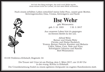 Traueranzeige von Ilse Wehr von Wetterauer Zeitung, Wetterauer Zeitung