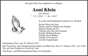 Traueranzeige von Anni Klein von Giessener Allgemeine, Alsfelder Allgemeine