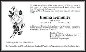 Traueranzeige von Emma Kemmler von Wetterauer Zeitung, Wetterauer Zeitung