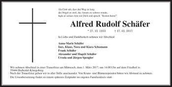 Traueranzeige von Alfred Rudolf Schäfer von Giessener Allgemeine, Alsfelder Allgemeine