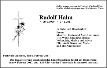 Traueranzeige von Rudolf Hahn von Giessener Allgemeine, Alsfelder Allgemeine