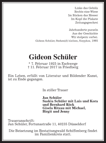 Traueranzeige von Gideon Schüler von Giessener Allgemeine, Alsfelder Allgemeine