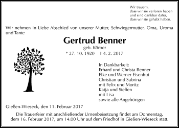 Traueranzeige von Gertrud Benner von Giessener Allgemeine, Alsfelder Allgemeine
