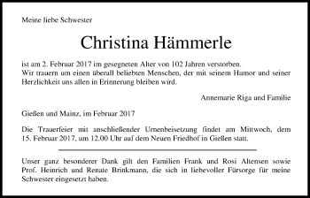 Traueranzeige von Christina Hämmerle von Giessener Allgemeine, Alsfelder Allgemeine