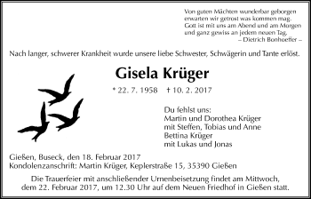 Traueranzeige von Gisela Krüger von Giessener Allgemeine, Alsfelder Allgemeine