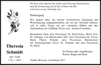 Traueranzeige von Theresia Schmidt von Giessener Allgemeine, Alsfelder Allgemeine