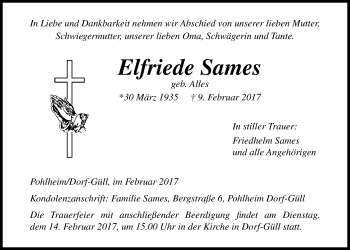 Traueranzeige von Elfriede Sames von Giessener Allgemeine, Alsfelder Allgemeine