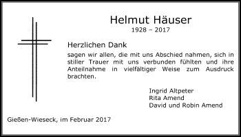Traueranzeige von Helmut Häuser von Giessener Allgemeine, Alsfelder Allgemeine
