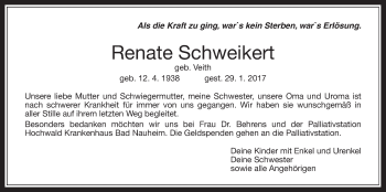 Traueranzeige von Renate Schweikert von Wetterauer Zeitung, Wetterauer Zeitung
