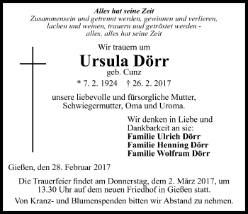 Traueranzeige von Ursula Dörr von Giessener Allgemeine, Alsfelder Allgemeine