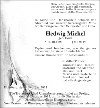 Traueranzeige von Hedwig Michel von Alsfelder Allgemeine