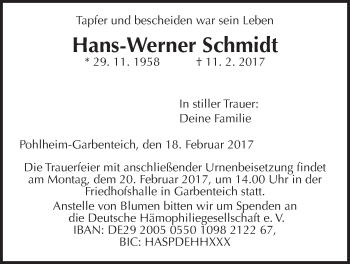 Traueranzeige von Hans-Werner Schmidt von Giessener Allgemeine, Alsfelder Allgemeine