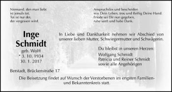 Traueranzeige von Inge Schmidt von Wetterauer Zeitung, Wetterauer Zeitung