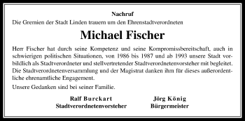 Traueranzeige von Michael Fischer von Giessener Allgemeine, Alsfelder Allgemeine