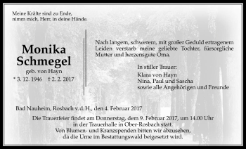 Traueranzeige von Monika Schmegel von Wetterauer Zeitung, Wetterauer Zeitung