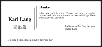Traueranzeige von Karl Lang von Alsfelder Allgemeine