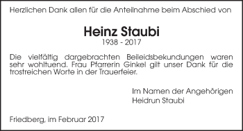 Traueranzeige von Heinz Staubi von Wetterauer Zeitung, Wetterauer Zeitung