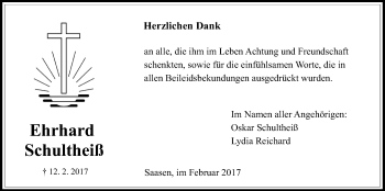 Traueranzeige von Ehrhard Schultheiß von Giessener Allgemeine, Alsfelder Allgemeine