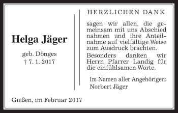 Traueranzeige von Helga Jäger von Giessener Allgemeine, Alsfelder Allgemeine