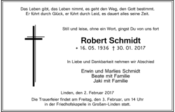 Traueranzeige von Robert Schmidt von Giessener Allgemeine, Alsfelder Allgemeine