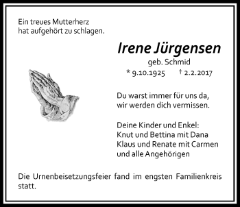 Traueranzeige von Irene Jürgensen von Licher Wochenblatt, Licher Wochenblatt, Licher Wochenblatt