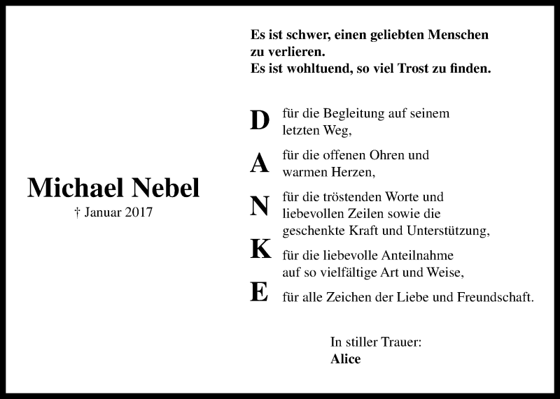 Traueranzeige für Michael Nebel vom 09.02.2017 aus Licher Wochenblatt, Licher Wochenblatt, Licher Wochenblatt