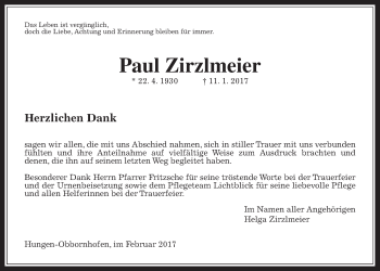 Traueranzeige von Paul Zirzlmeier von Wetterauer Zeitung, Wetterauer Zeitung