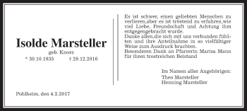 Traueranzeige von Isolde Marsteller von Giessener Allgemeine, Alsfelder Allgemeine, Wetterauer Zeitung, Wetterauer Zeitung