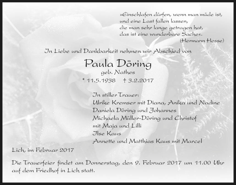  Traueranzeige für Paula Döring vom 07.02.2017 aus Giessener Allgemeine, Alsfelder Allgemeine