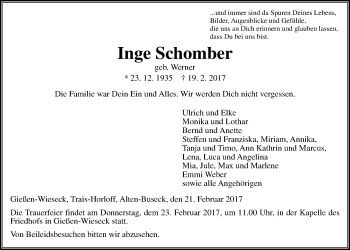 Traueranzeige von Inge Schomber von Giessener Allgemeine, Alsfelder Allgemeine