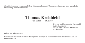 Traueranzeige von Thomas Krehbiehl von Giessener Allgemeine, Alsfelder Allgemeine
