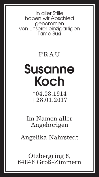 Traueranzeige von Susanne Koch von Wetterauer Zeitung, Wetterauer Zeitung