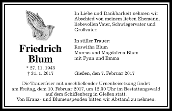 Traueranzeige von Friedrich Blum von Giessener Allgemeine, Alsfelder Allgemeine