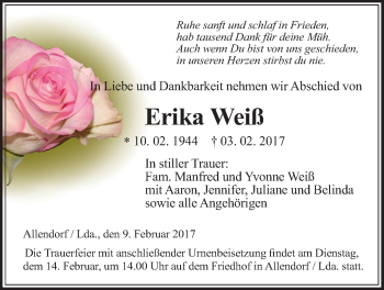 Traueranzeige von Erika Weiß von Allendorfer Mitteilungen