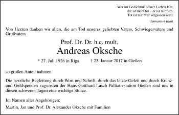 Traueranzeige von Andreas Oksche von Giessener Allgemeine, Alsfelder Allgemeine