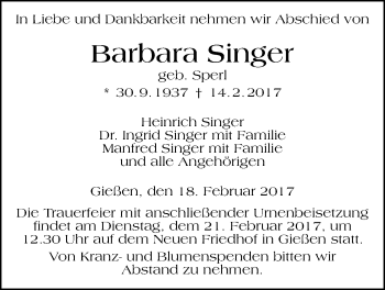 Traueranzeige von Barbara Singer von Giessener Allgemeine, Alsfelder Allgemeine