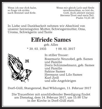 Traueranzeige von Elfriede Sames von Giessener Allgemeine, Alsfelder Allgemeine
