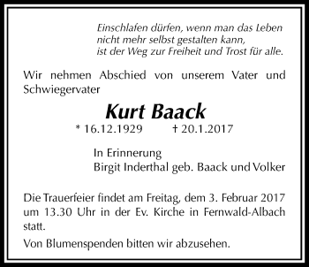 Traueranzeige von Kurt Baack von Licher Wochenblatt, Licher Wochenblatt, Licher Wochenblatt