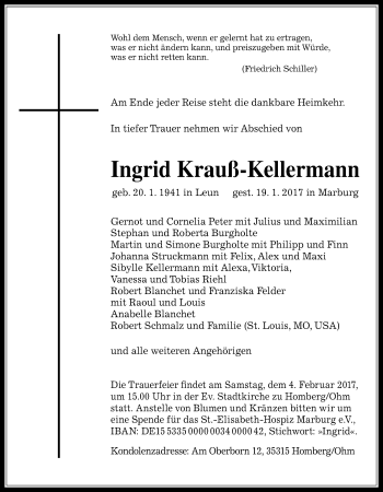 Traueranzeige von Ingrid Krauß-Kellermann von Giessener Allgemeine, Alsfelder Allgemeine