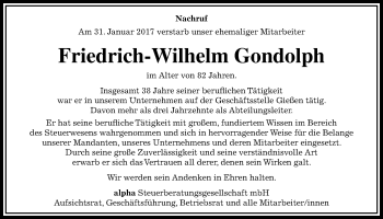 Traueranzeige von Friedrich-Wilhelm Gondolph von Giessener Allgemeine, Alsfelder Allgemeine